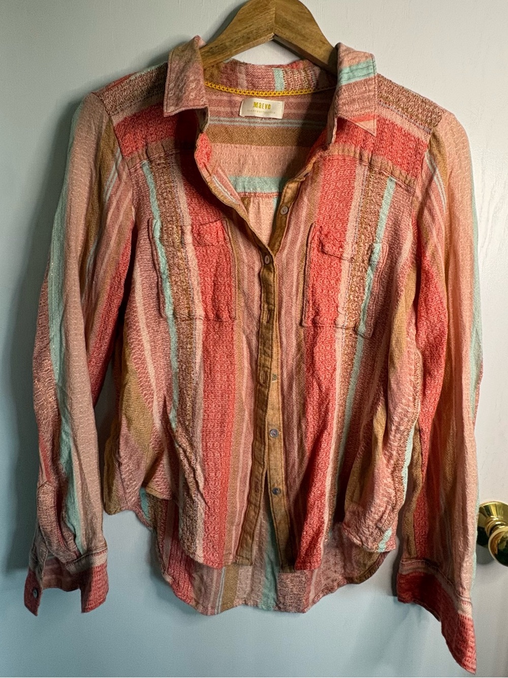 Maeve by Anthro Textured Striped Button-Front Women's Top Boho Coastal Western